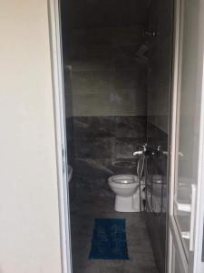 baño con aseo y alfombra azul en Gochi Home, en Borjomi