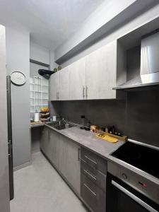 a kitchen with stainless steel cabinets and a sink at Beautiful Apartment in Corfu in Agios Rokkos