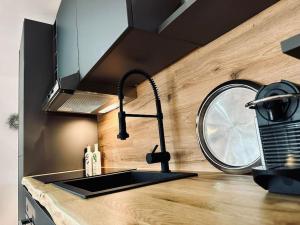 eine Küche mit einer Spüle und einer Arbeitsplatte in der Unterkunft Moderne Ferienwohnung Zweifall in Stolberg