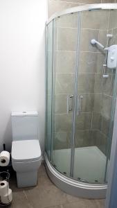 a bathroom with a glass shower with a toilet at The Broadway Rooms in Leicester