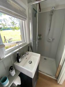 a white bathroom with a sink and a shower at Coachroad Shepherds Huts in Petworth