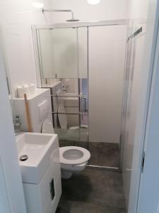 a white bathroom with a toilet and a shower at Do Morza 1 in Mechelinki