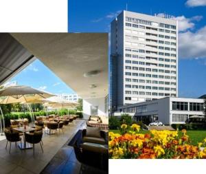 a collage of photos with a building and tables and chairs at LOFT pri parku in Banská Bystrica