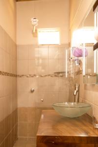 a bathroom with a glass bowl sink on a wooden counter at Gamaí Monteverde Tiny House in Monteverde Costa Rica