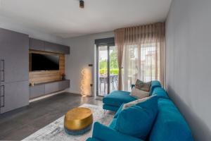 sala de estar con sofá azul y TV en Villa Emma-Louisa, en Žminj