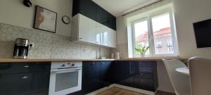 a kitchen with black cabinets and a white stove top oven at Apartament Przy Bocznej in Kowary