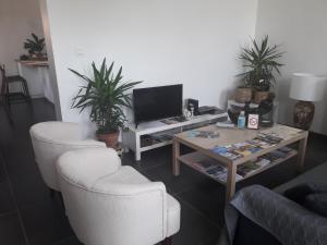 a living room with two chairs and a table with a television at Veronique schouckens in Binche