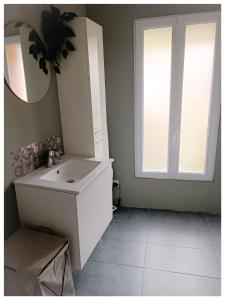 ein Badezimmer mit einem weißen Waschbecken und einem Spiegel in der Unterkunft Studio Le Jardin in Tournon-sur-Rhône