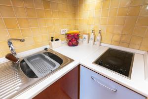 a small kitchen with a sink and a counter top at Sea & Me, pleasant seaside home in Portorož