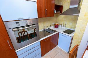 a small kitchen with a stove and a sink at Sea & Me, pleasant seaside home in Portorož
