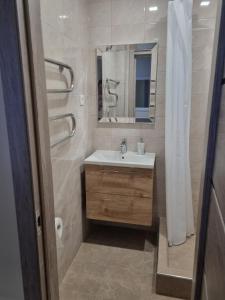a bathroom with a sink and a mirror at Park Alice Apartment in Liepāja