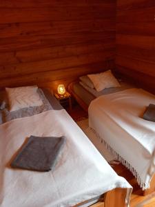 a room with two beds in a log cabin at Chatki Leśniczego in Bukowiec