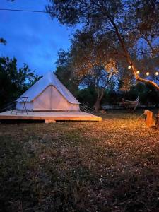 ノートにあるLa ViTa in land - between olives and almondsの草原の上に座るテント