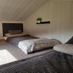 a bedroom with two beds and a plant on the wall at DOMKI POD DĘBAMI , Radawa in Radawa