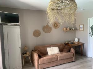 a living room with a brown couch and a tv at Chambre indépendante avec piscine in Jarnac