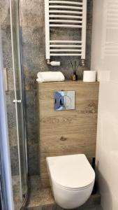 a bathroom with a white toilet and a shower at Willa Plażowa in Rewa +107 photos