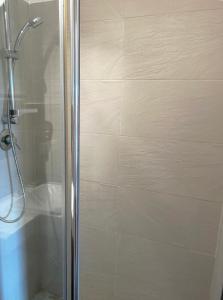 a shower with a glass door in a bathroom at Il Dolce Far Niente, La Serra di Lerici in Lerici