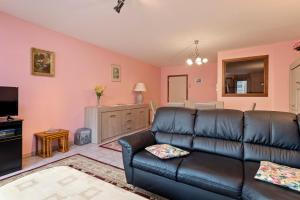 a living room with a leather couch and a tv at Ruytingen C2 in Wenduine