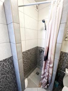 eine Dusche mit rosa Duschvorhang im Bad in der Unterkunft — Затишні Apartments — in Iwano-Frankiwsk