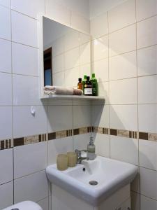a white bathroom with a sink and a mirror at Park Regana in Gdańsk
