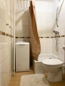 a bathroom with a toilet and a shower and a tub at Park Regana in Gdańsk