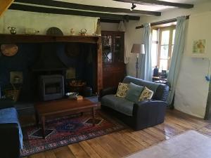 a living room with a couch and a fireplace at La Petite Maison Pont Blanchard, in Pléaux