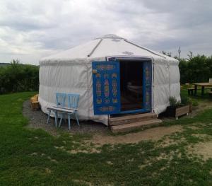 的住宿－Jurta na zvířecí farmě，蒙古包,配有两把椅子和一扇蓝色门