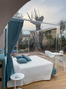 a bedroom with a bed with a glass wall at Tenuta Danesi - Camere - Appartamenti - Bubble Room in Matera