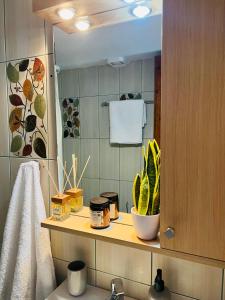 een badkamer met een wastafel met een spiegel en een wastafel bij Ellie’s House in Lákka