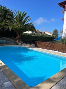 聖讓－德呂茲的住宿－Résidence Chateau d'Acotz - Appartements avec piscine à 600m des plages à Saint-Jean-de-Luz，一座大型蓝色游泳池,位于房子旁边