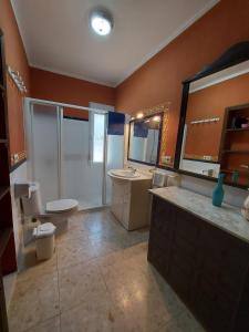 a bathroom with a toilet and a sink and a mirror at Casa Rural El Olivar Ronda in Arriate