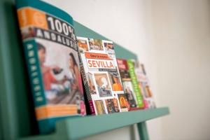 a green shelf with a bunch of magazines at Charming 10 person Villa in Sevilla in Tomares