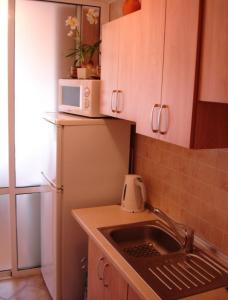 a kitchen with a sink and a microwave at Sinay Hotel in Poltava