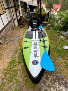 a surfboard sitting on the grass next to a house at Pfefferberg Ferienwohnung mit Suite und Junior Suite in Ziegenrück