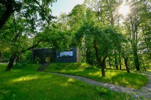 uma casa de vidro numa floresta com um caminho em Domki Karpatia BB em Bielsko-Biala