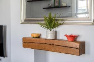a plant sitting on a wooden shelf under a mirror at Chic and Cheerful Flat in Willesden Green in London