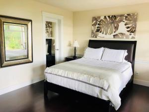1 dormitorio con 1 cama grande y espejo en Saanichton Waterfront 2BR suite with superb views en Saanichton