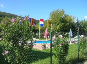 a fence next to a pool with flags and flowers at Camping Eldorado in Gilău