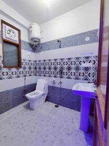 La salle de bains est pourvue de toilettes et d'un lavabo. dans l'établissement Delight Homestay Kasol, à Kasol