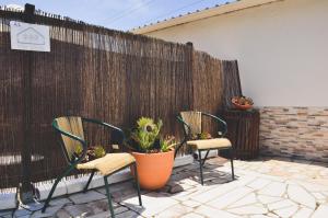 2 sillas y una maceta en un patio en Tree House - 3 Casas Figueira Laranjeira Limoeiro en Sesimbra