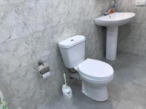 a bathroom with a white toilet and a sink at Гостевой дом Ласточки in Urekhi