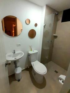 a bathroom with a toilet and a sink and a shower at Nativo House amplio y acogedo in Medellín