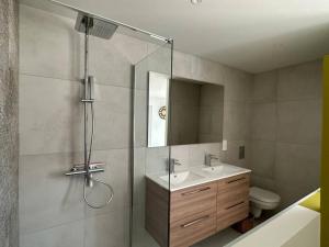 ein Bad mit einer Dusche, einem Waschbecken und einem WC in der Unterkunft villa avec piscine loft cabane in Nîmes