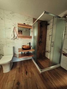 a bathroom with a toilet and a shower and a sink at Dawn Villas in Ferizaj