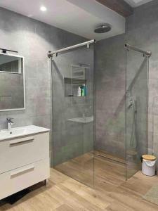 a bathroom with a glass shower and a sink at Cómodo y Moderno piso en el centro de Santander in Santander