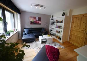 a living room with a couch and a book shelf at Alkener Elfenhaus mit kostenlosen Gäste Ticket in Alken