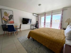 een slaapkamer met een bed, een tafel en een televisie bij Pirates Booty Beach Bar Studio next to The Morgan Resort in Maho Reef