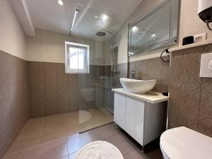 a bathroom with a sink and a toilet and a shower at Apartments Infinity in Tivat