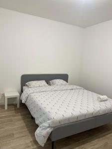 een bed in een slaapkamer met een witte muur bij Appartement rez de chaussée avec parking privé in Orléans