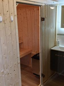 a bathroom with a sauna with a wooden wall at Ferienhaus Seehuis, Sauna, angeln, familienfreundlich in Twist